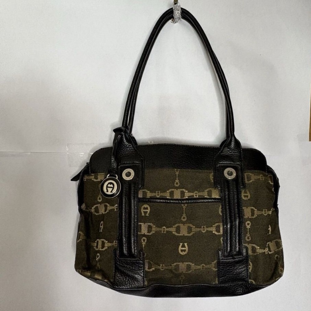 Vintage Etienne Aigner Logo Jacquard Shoulder Bag Green Black‎ Leather Y2K Charm
